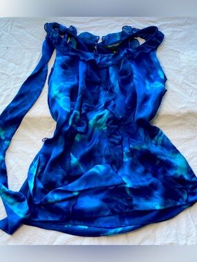 White House Black Market Women’s Blue Tie Dye Ruffle Tank Top Blouse Size Medium